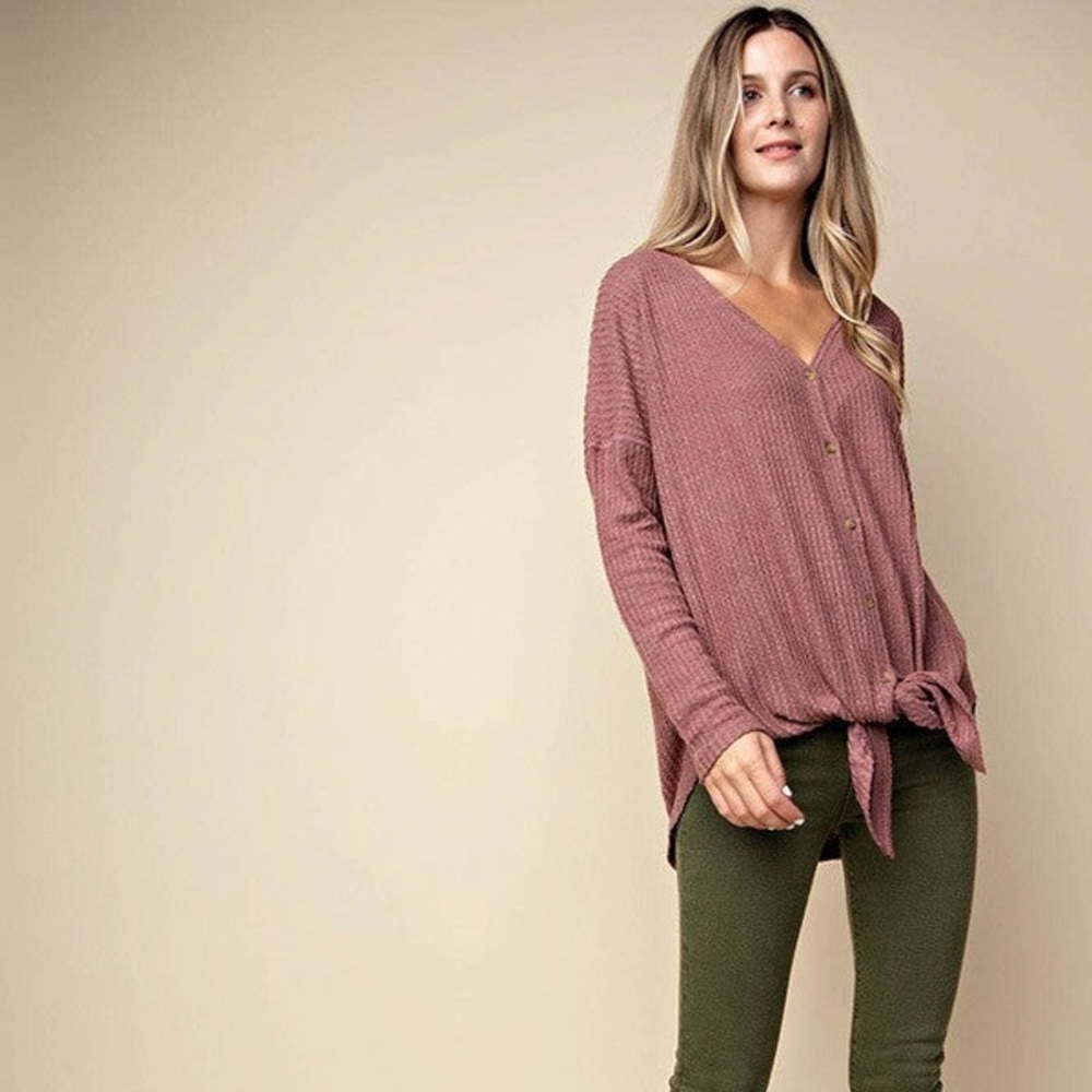 NWT Waffle Knit Tie Top in Wine - Picture 2 of 8